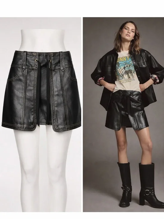 Pilcro | Faux Leather Mini Skirt | Black Panel Lace-Up | Anthropologie | Size 2 - Picture 1 of 7